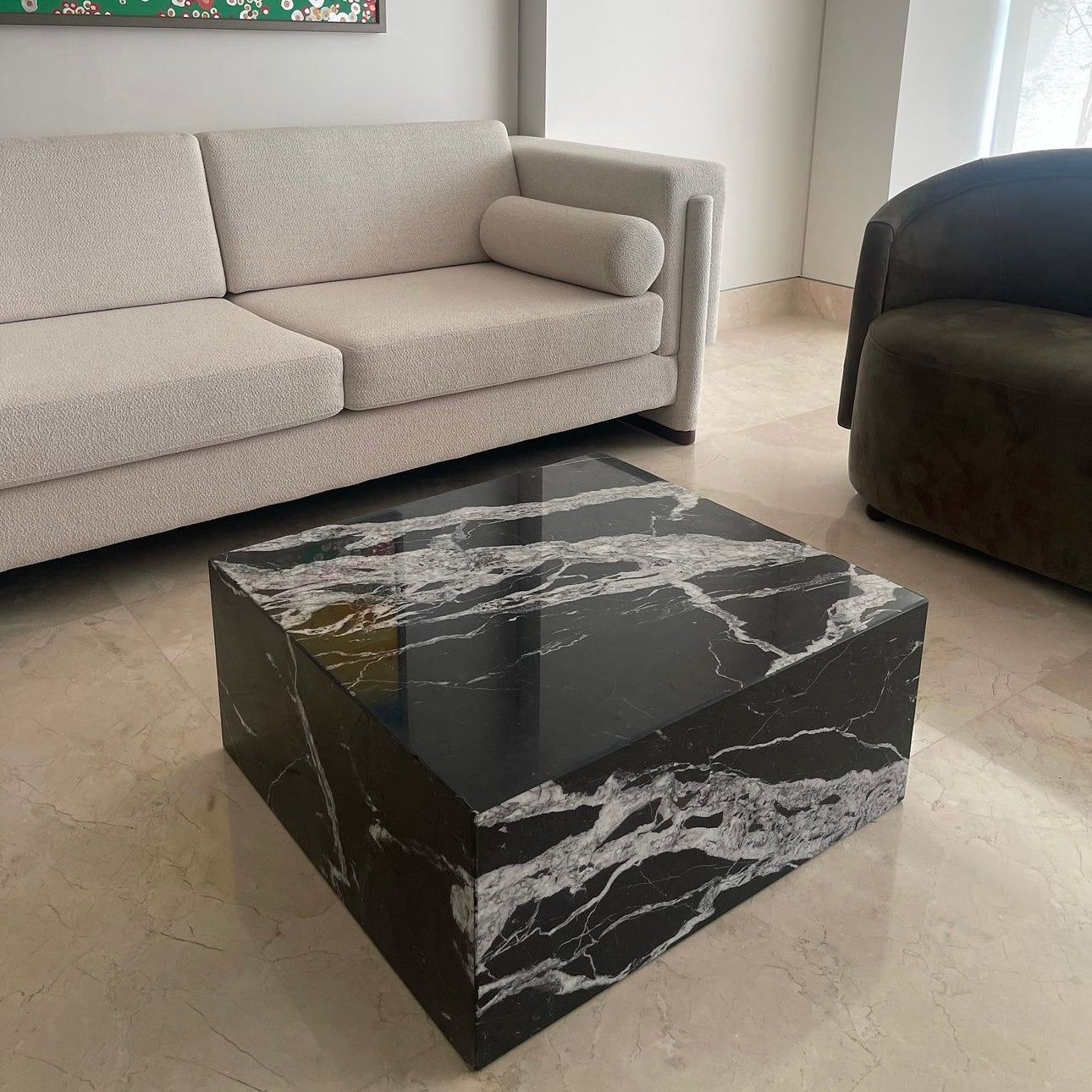 Table basse carré bloc marbre noir