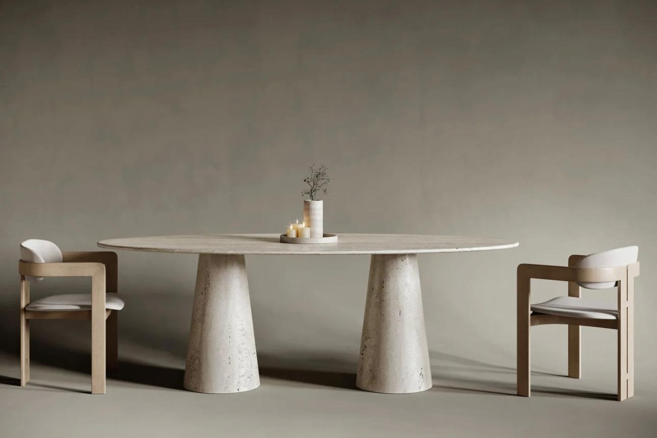 Table à manger en travertin Ovale pieds cône